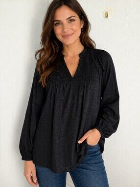 Old Navy Black Pintuck Swiss Dot Longsleeve Top, Size Small